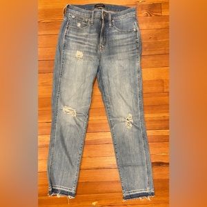 J. Crew high-rise, distressed jeans, slight stretch.